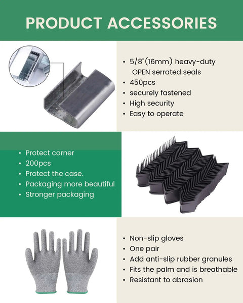 Heavy Duty Pet Strap Kit With Manual Tensioner For Bulletproof Pallet Wrapping includes corner protectors, gloves, and serrated seals.