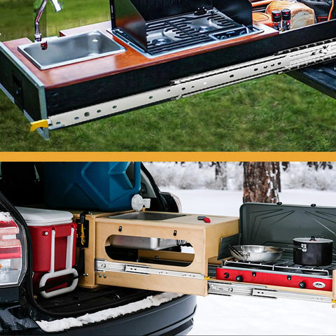 Heavy Duty Drawer Slides 44 Inch With Locking Runners And Metal Rails extended in a mobile kitchen setup featuring sink and stove