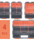 Four Piece Toolbox Storage Set With Customizable Removable Dividers Heavy Duty Durable Plastic Organizers For Tools And Parts Versatile Carry Case For Home Workshop Or Garage Pro Grade Bold Black And Orange Garage Ready, showing stackable clear boxes with orange dividers and handle.
