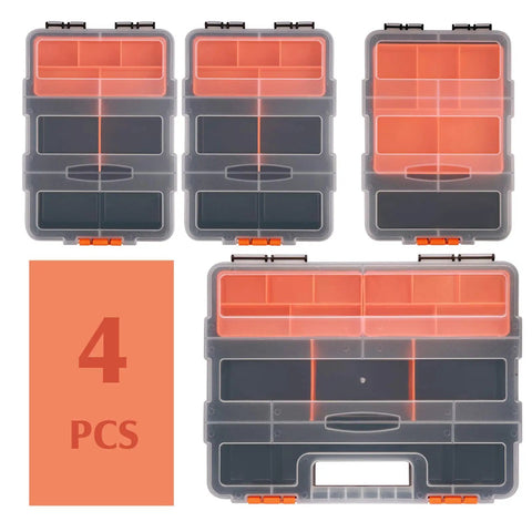Four Piece Toolbox Storage Set With Customizable Removable Dividers Heavy Duty Durable Plastic Organizers For Tools And Parts Versatile Carry Case For Home Workshop Or Garage Pro Grade Bold Black And Orange Garage Ready, showing stackable clear boxes with orange dividers and handle.