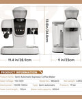 Top Shelf Daily Driver 20 Bar Espresso Machine With Built In Grinder And Power Steam Wand side view and dimensions.