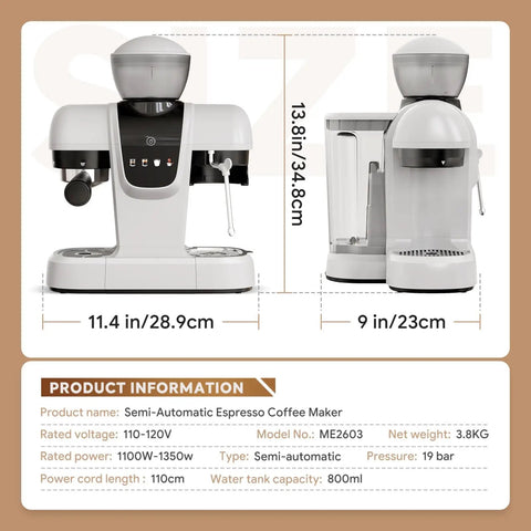 Top Shelf Daily Driver 20 Bar Espresso Machine With Built In Grinder And Power Steam Wand side view and dimensions.