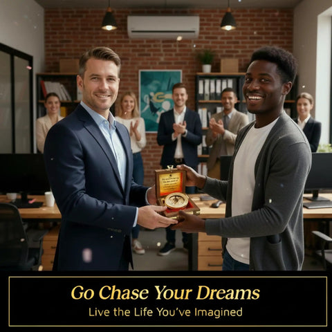 Two men exchanging Go Confidently Brass Compass Gift For Graduation, College And High School in office setting