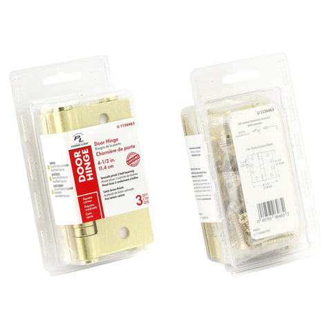Commercial Door Hinge Pack 4-1/2 Inch Smooth Pivot With Square Corners 2 Ball Bearing Satin Brass Finish Includes Screws Heavy-Duty Gauge Steel Exterior Grade For High-Traffic Offices 3 Pack in retail packaging