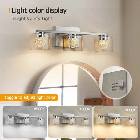 Three Light Dimmable Modern Vanity Light Fixture In Brushed Nickel With Globe Crystal Glass Over Mirror LED Bath Lighting