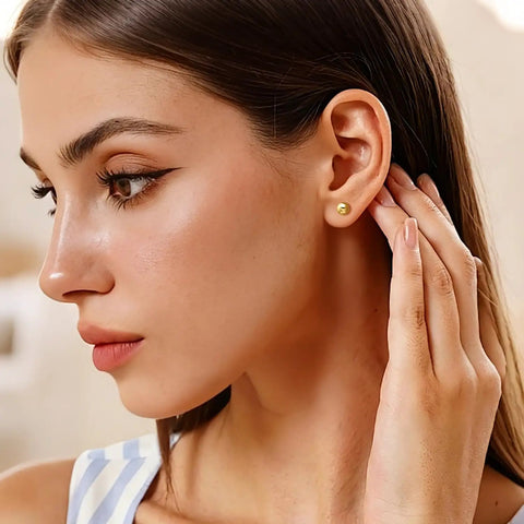 14K Gold Plated Ball Stud Earrings For Women Everyday Dainty Gold Ball Jewelry Minimalist Classic Sparkle Smooth Silhouette For A Timeless Glow Easy Everyday Accessory For Her Comfortable All Day Wear, 4mm on ear