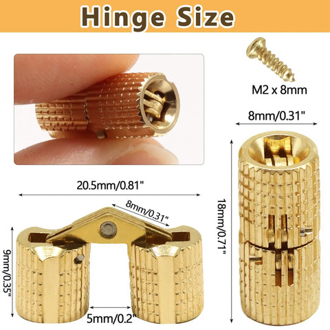 8mm Brass Barrel Hinges Set for Concealed Cabinets and Jewelry Boxes Hidden Hinges With 180 Degree Opening, solid brass
