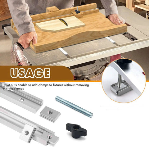 Aluminum T Track Sliding Slot Rail For DIY Woodworking Benches Pro Grade Double Cut Design With Predrilled Holes And Screws Seamless Connections For Stable Precise Setups 48 Inch Silver usage demonstration on saw table