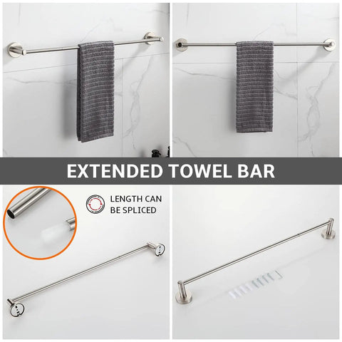 Brushed Nickel 4 Piece Bathroom Accessory Set With Adjustable 24 Inch Towel Bar, Towel Ring, Toilet Paper Holder, And Robe Hooks For Easy Install In Any Bathroom Setting showing extended towel bar installation view