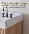60 Inch Freestanding Double Sink Bathroom Vanity With White Quartz Countertop and Fluted Wood Finish, displaying splash guards for water prevention.