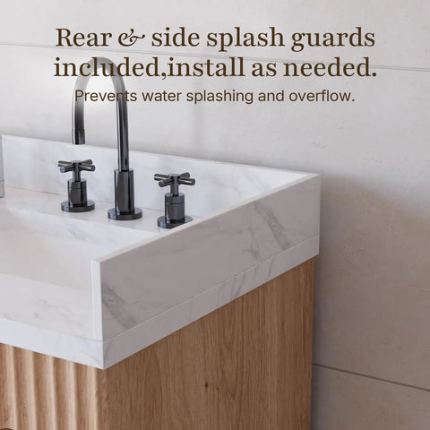 60 Inch Freestanding Double Sink Bathroom Vanity With White Quartz Countertop and Fluted Wood Finish, displaying splash guards for water prevention.