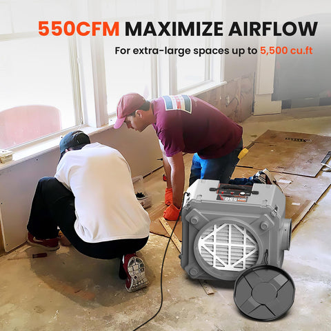Air Scrubber Negative Air Machine With Three Stage Filtration And 16 Inch Inlet For Home Garage And Commercial Jobs 550 CFM HEPA And Activated Carbon Filters For Real Clean Air used in a renovation site