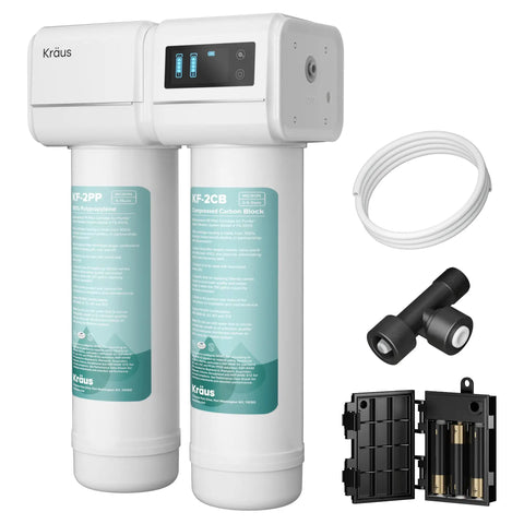 Purita 2-Stage Carbon Block Under-Sink Water Filtration System With Digital Display Monitor FS-1000 White with components shown