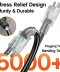 Three Outlet Outdoor Extension Cord 25 Ft 16 AWG 3 Conductor With Indicator Light Hook Design Waterproof SJTW ETL Listed 13A 125V 1625W Beefed Up Heavy Duty Power Cord For Home Garage And Workshop close-up showing stress relief design.