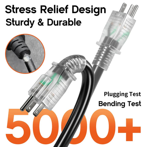 Three Outlet Outdoor Extension Cord 25 Ft 16 AWG 3 Conductor With Indicator Light Hook Design Waterproof SJTW ETL Listed 13A 125V 1625W Beefed Up Heavy Duty Power Cord For Home Garage And Workshop close-up showing stress relief design.