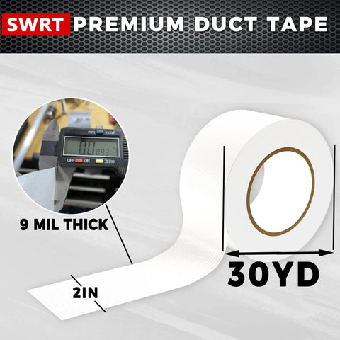 Image of Two Pack White Duct Tape Heavy Duty With Ultra Strong Adhesive 9 Mil, 2 Inch Wide By 30 Yards Each, 60 Yards Total, Waterproof All Weather No Residue Sealing And Patching For Indoor And Outdoor Repairs showing tape dimensions and thickness gauge.
