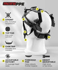 Rear view of a Full Brim Hard Hat For Construction OSHA Certified And ANSI Z89 Type 1 Class E G C Black Protective Safety Helmet With 4 Point Ratchet Suspension For Daily Use, showing suspension details