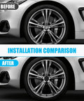 Installation comparison of Rock Solid 4 Pack Snap On Wheel Center Caps for 2016 to 22 Nissan Sylphy Altima in sleek black finish.