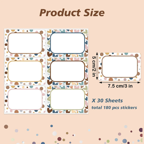 Product size chart showing 180 Pieces Boho Name Tag Stickers For Classroom Use Dope Heart And Polka Dot Labels, 3x2 inches.