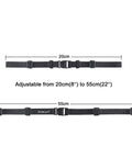 Heavy Duty Backpack Chest Strap With Quick Release Buckle, Adjustable 8 To 22 Inches, Black, shown with size measurements