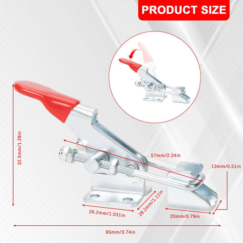Solid Heavy Duty Toggle Latch Clamps 40323 6 Pack For Garage Shop With 360 Lbs Hold Power, size measurements showcased.