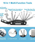 On The Go Bike Repair Kit Bag With 120 Psi Pump And Portable Bicycle Tool Set, featuring 16 in 1 multi-function tool.
