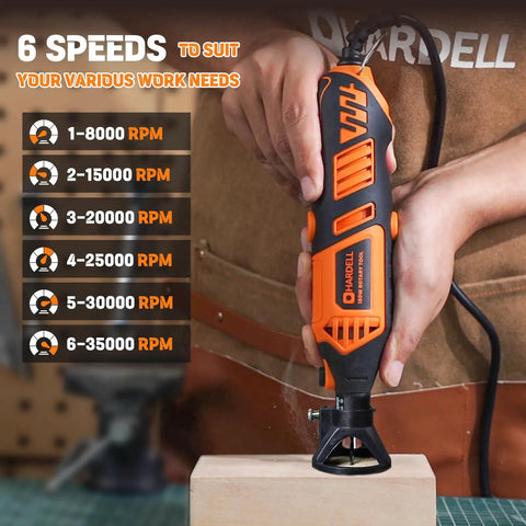 Powerful 180W Corded Rotary Tool Kit With 6 Variable Speeds And Flex Shaft, Chainsaw Sharpener, displayed in a workshop