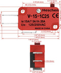 Hella Tough Spdt Micro Switch With Pin Plunger Actuator And Quick Connect Terminals Killer 15 Amp dimensions and connections front view.