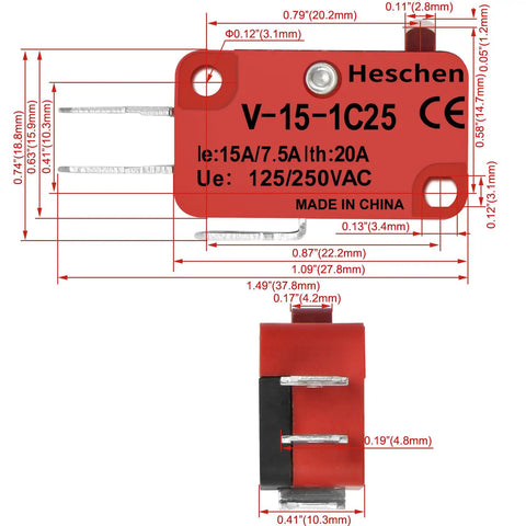 Hella Tough Spdt Micro Switch With Pin Plunger Actuator And Quick Connect Terminals Killer 15 Amp dimensions and connections front view.