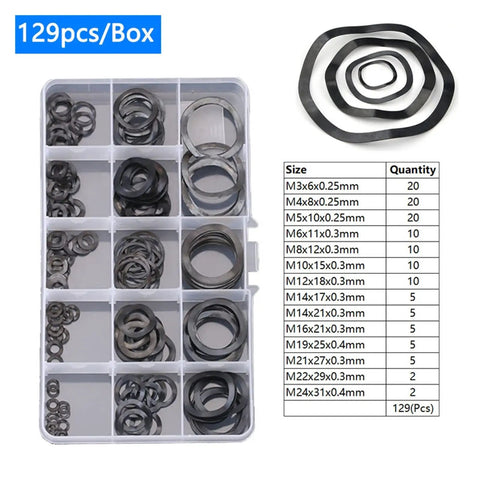 Wave Washers Set Black Spring Washers Elastic Metal Gasket Kit 129 Pieces Assortment M3 Through M24 Grab And Go For Electrical Automotive Marine And Home DIY Projects, 129pcs box, 65Mn steel