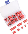 40 Piece Double Row Dip Switch Kit With 1 2 3 4 6 8 10 12 Positions, 2.54mm Pitch, in red, organized in a plastic storage box