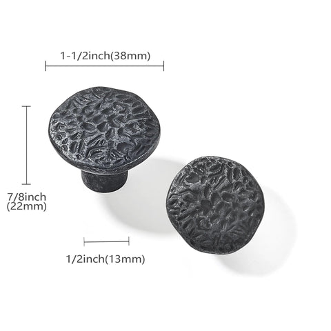 Set of 10 Rustic 1-1/2 Inch Black Iron Cabinet Knobs, Vintage Farmhouse Style with Solid Zinc Core, top view with measurements.