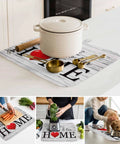 Red Heart Dish Drying Mat For Kitchen Counter Super Absorbent Microfiber with pot and utensils on white retro wood grain design.