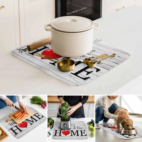 Red Heart Dish Drying Mat For Kitchen Counter Super Absorbent Microfiber with pot and utensils on white retro wood grain design.