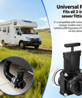 Backup 3 Inch RV Sewer Gate Valve With Built In Clear Adapter shown on a camper, highlighting no fuss leakproof design and universal fit.