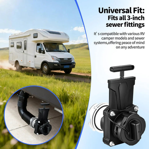 Backup 3 Inch RV Sewer Gate Valve With Built In Clear Adapter shown on a camper, highlighting no fuss leakproof design and universal fit.