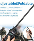 Dual Band Ham Radio Antenna 144 430 MHz High Gain Eighteen And A Half Inch Antenna attached to radio, foldable design