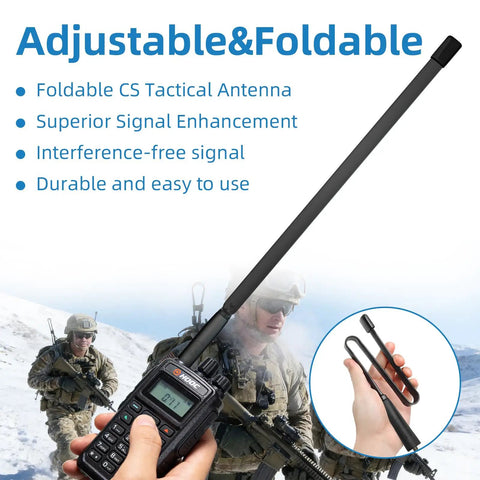Dual Band Ham Radio Antenna 144 430 MHz High Gain Eighteen And A Half Inch Antenna attached to radio, foldable design