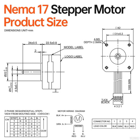 Technical drawing of Nema 17 Stepper Motor 2 Phase 1.8 Degree 0.16 Nm High Torque Bipolar With 4 Wire Cable dimensions and wiring diagram