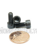 Heavy Duty Number 10-32 By 7/16 Inch Socket Head Cap Screws, ASTM A574 Alloy Steel, shown with a penny for size reference.