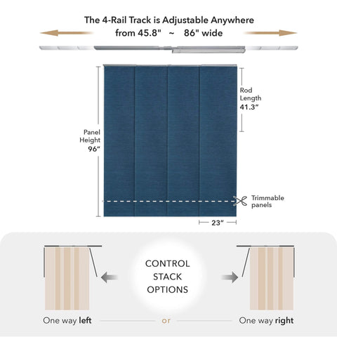 Cordless 4 Rail Sliding Panel Track Blinds For Doors And Windows, Adjustable From 45.8 To 86 Inches Wide And 96 Inches Tall