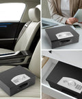 Rugged Portable Metal Safe Box With Digital Code Lock for Documents and Valuables in car, office, and drawer settings.