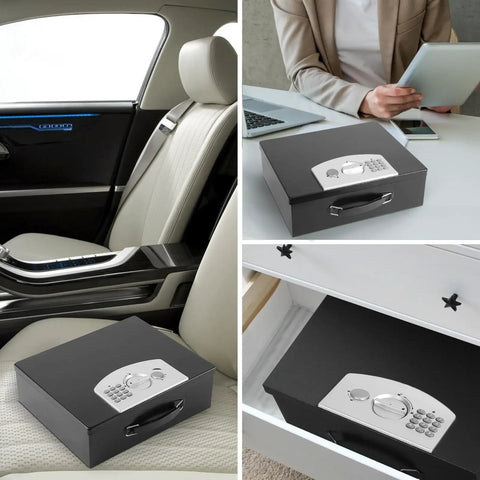 Rugged Portable Metal Safe Box With Digital Code Lock for Documents and Valuables in car, office, and drawer settings.
