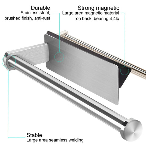 Magnetic Paper Towel Holder With Rotatable Brushed Steel Finish And Strong Magnetic Backing For Large Towels, side view.