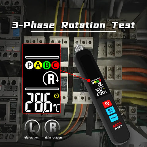 Handy Non Contact Voltage Tester With 3 Phase Rotation Indicator And Signal Percentage Display Rechargeable AC Electrical Detector Pen Six Range High Low Sensitivity Three Mode Alarm Analog Bar Readout, black pen in panel
