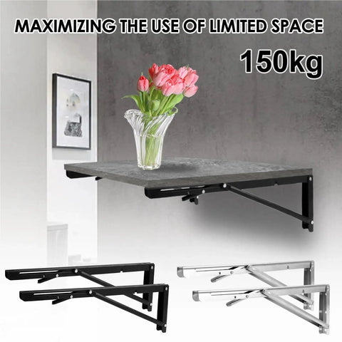 Two Pack Folding Shelf Brackets L Shaped Wall Mounted Triangle Angle DIY Heavy Duty Support for shelves with flowers on table