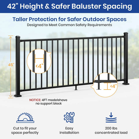 42" Heavy Duty Aluminum Deck Railing Kit With Adjustable Brackets For Stairs Or Flat Decks, featuring 45" height and safe baluster spacing.