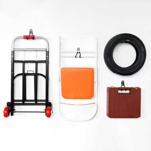 Heavy Duty Garage Storage Hooks 4 Pack for Bikes and Ladders With 80 Pound Capacity Wall Mount Organizer shown holding various items