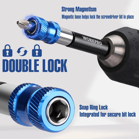 Drill Bit Extension Set Four Piece Magnetic Bit Holder With Aluminum Sleeve And Quick Release One Quarter Inch Hex in focus