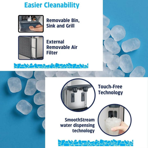 Heavy Duty Countertop Nugget Ice Maker And Touchfree Water Dispenser Cranks Out 500 Lbs Daily Roomy 40 Lb Storage Bin features easy clean filters.